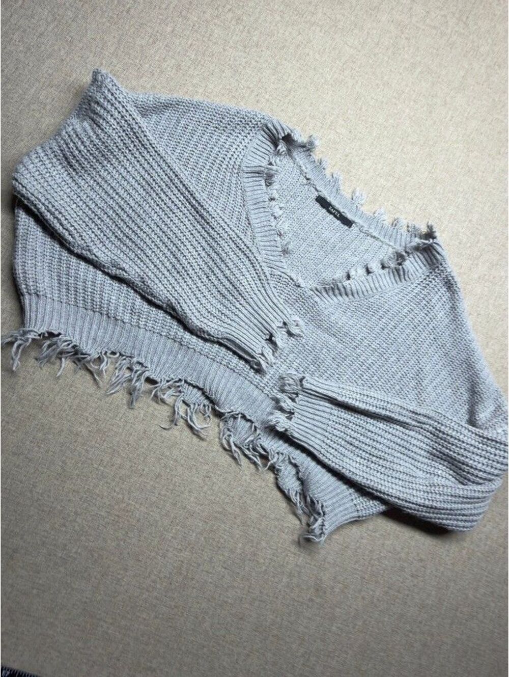 ZAFUL Gray Distressed Cropped Sweater Oversized V Neck Grunge Pullover- Small